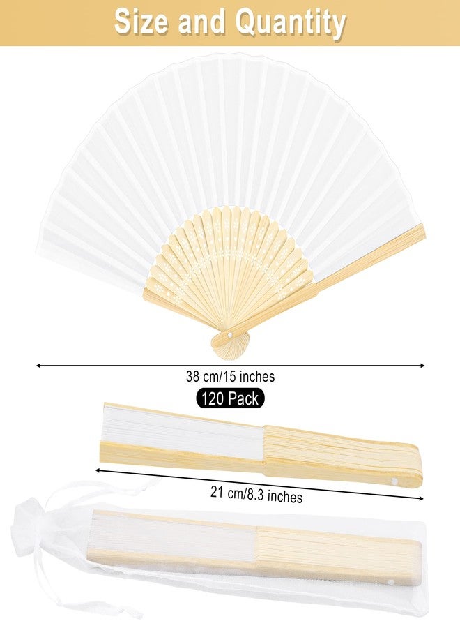 MCEAST 120 Pieces Handheld Fans Silk Bamboo Folding Hand Fans Silk Fabric Folding Fans with Organza Bags for Church Wedding Party Favors Bridal Dancing Props, White - Image 2